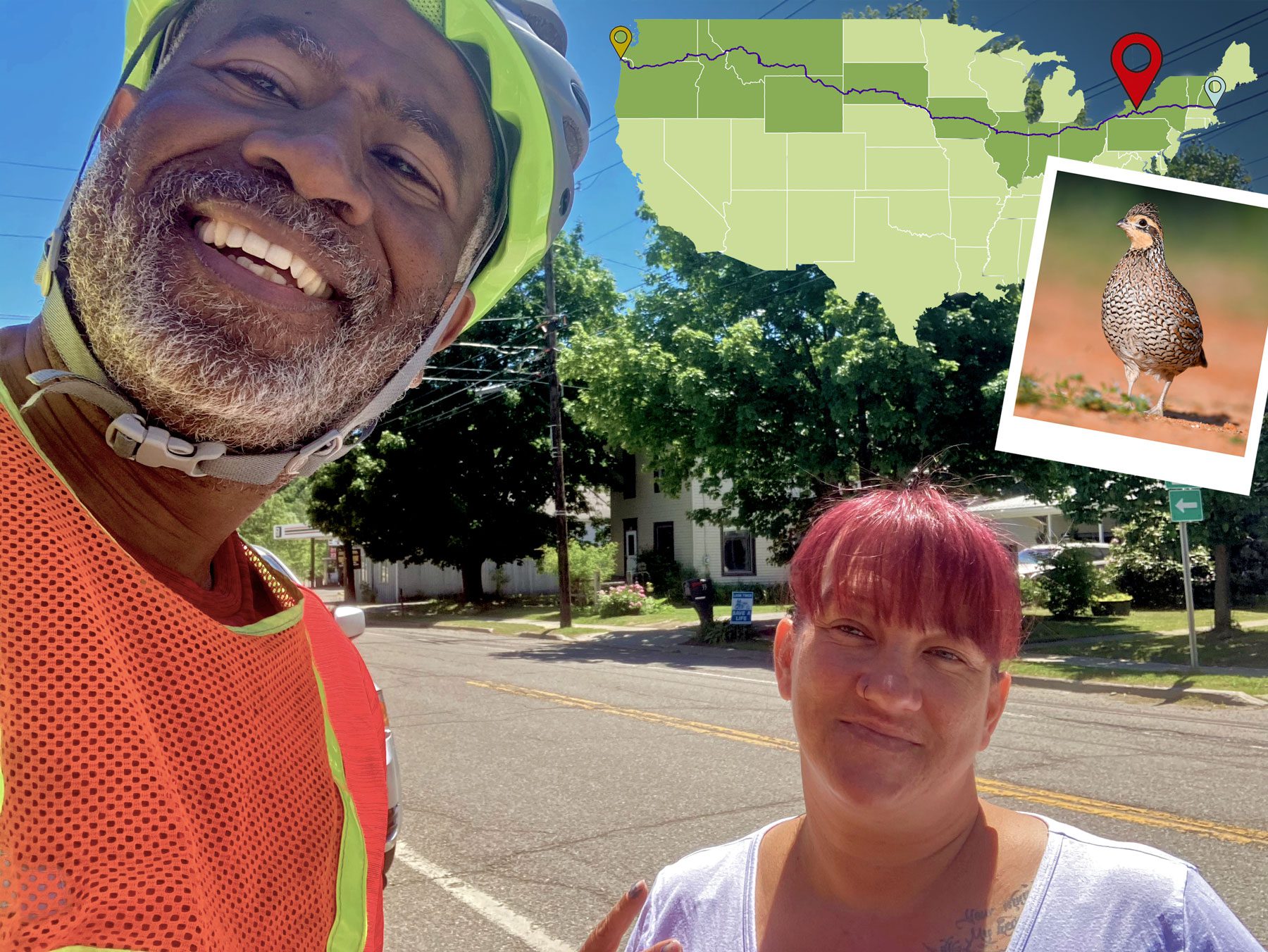 Canaseraga, New York: In upstate New York, Edwards was passing through a small town when a woman on the street stopped him to say she really liked the signs on his bike (“Black Lives Matter” and “Birds Spark Hope”) and was really thankful for what he was doing. He also heard Northern Bobwhite while traveling through the state. Photo courtesy of Scott Edwards, Northern Bobwhite by Kraig Cawley/Macaulay Library.