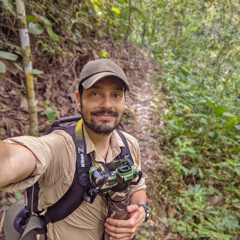 Man stands on a forested path.