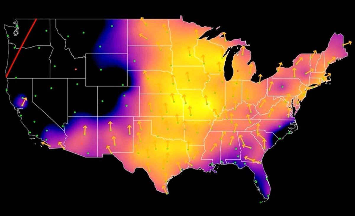 map of the continental U.S. showing intensity of bird migration, 2021