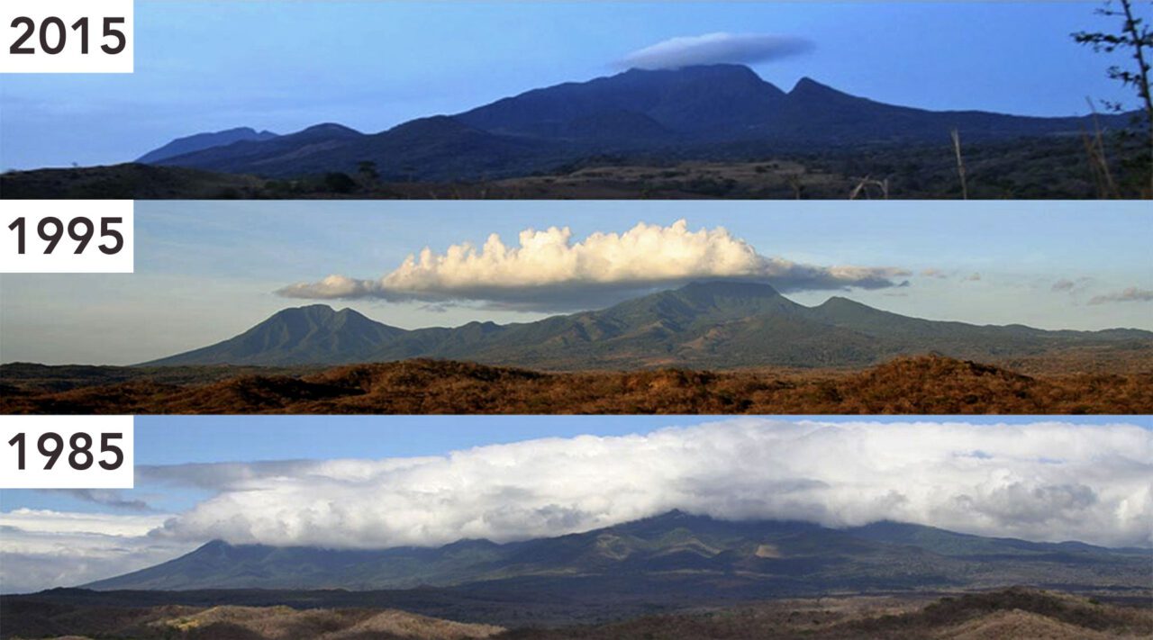 Three images of the same mountain view, taken in 1985, 1995 and 2015, with different cloud cover.