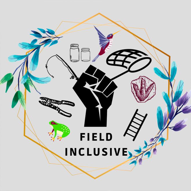 Logo of Field Inclusive showing a fist, net, jards, ladder, bird and frong, among others.