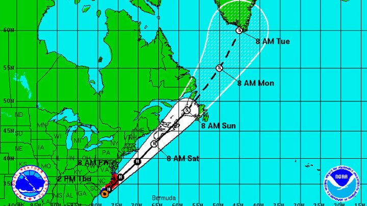 Large storm systems, like 2014's Hurricane Arthur pictures here, may drive some birds far off-course.