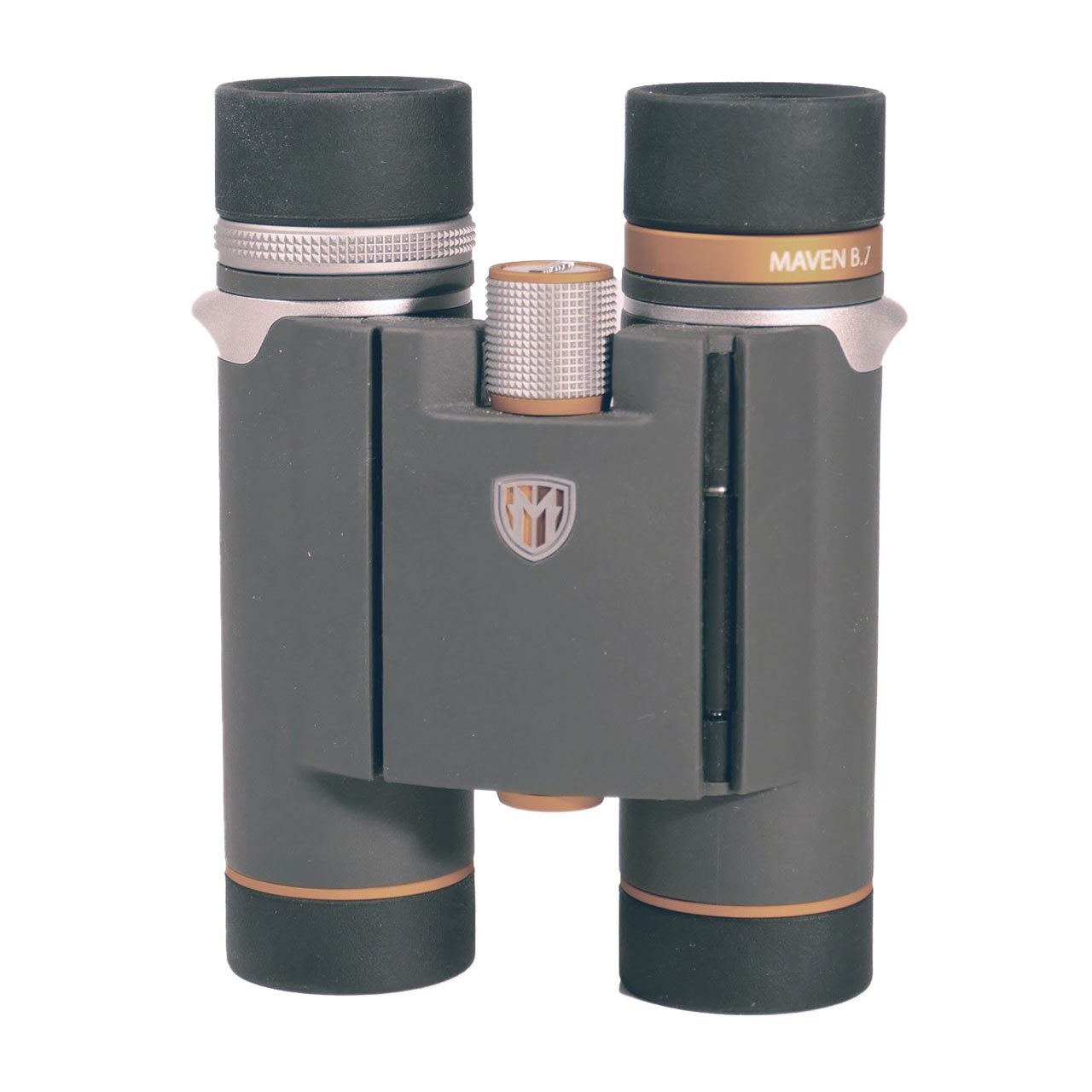 Black, gray, orange, and silver binoculars with a logo of an M on a shield.