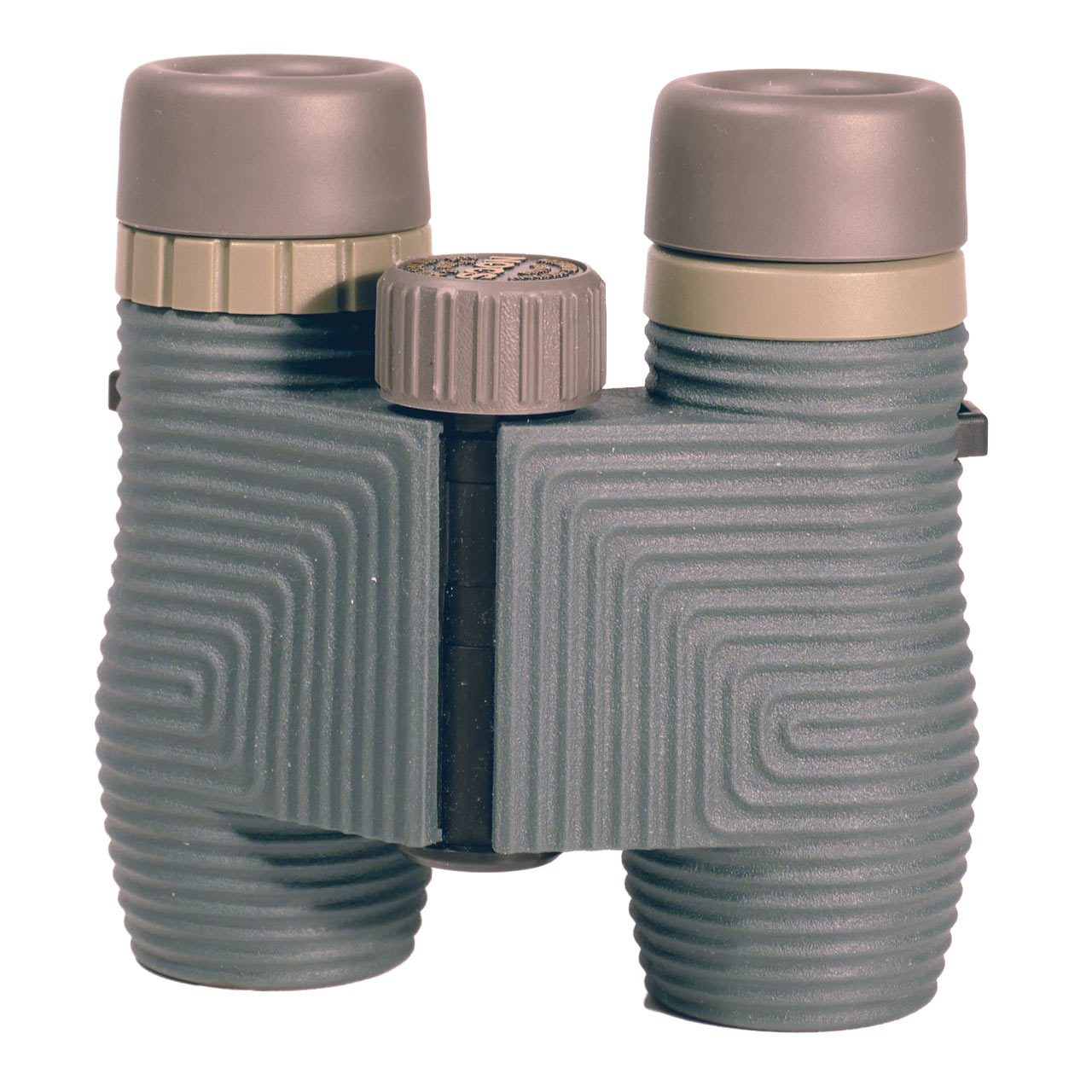 Green and tan binoculars with a ridged pattern.