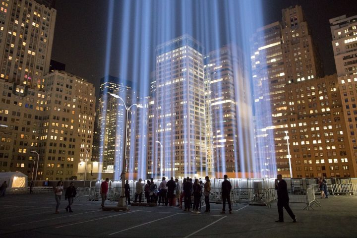 The lights are mounted on top of a parking garage near Wall Street. Photo by Ben Norman.